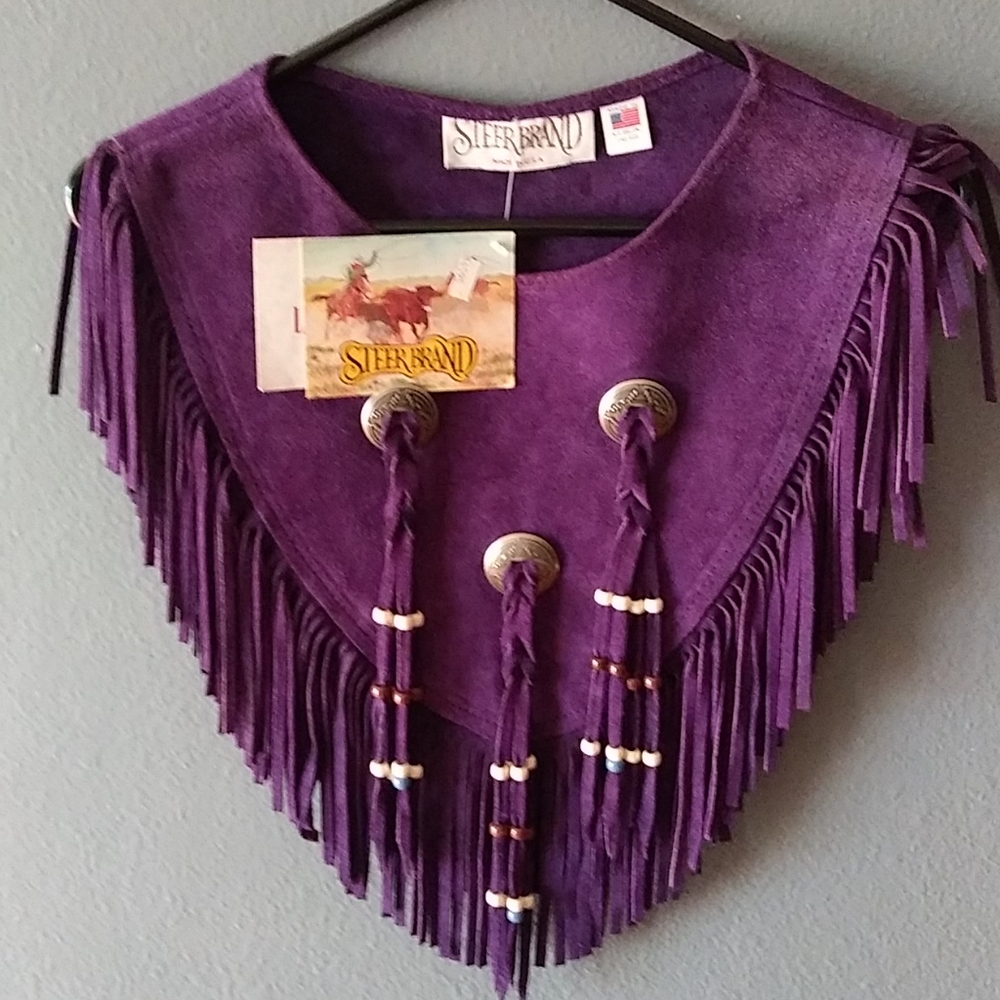 NWT Steer Brand Vintage Purple fringe suede poncho